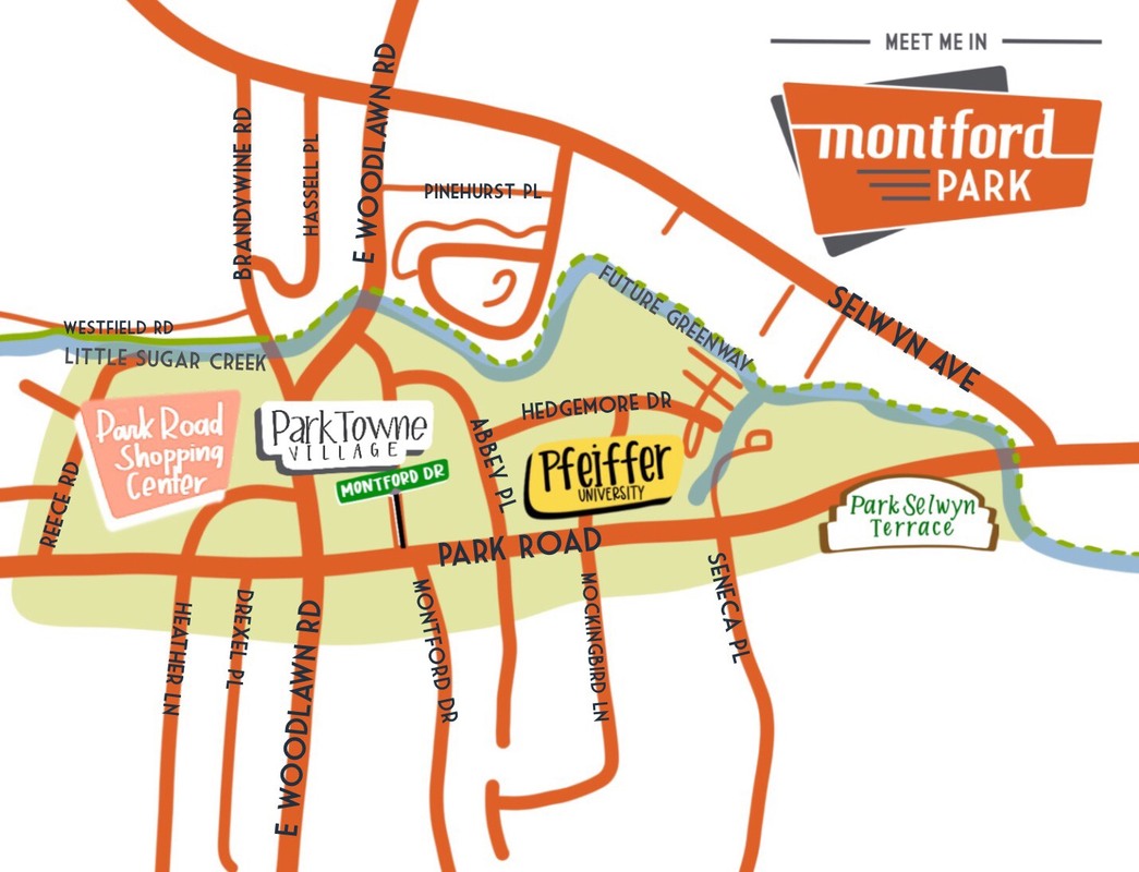 Montford Park Map, Park Road Shopping Center, Park Towne Village, Montford Drive, Park Road, Park Selwyn Terrace, Little Sugar Creek, Selwyn Ave, Woodlawn Avenue